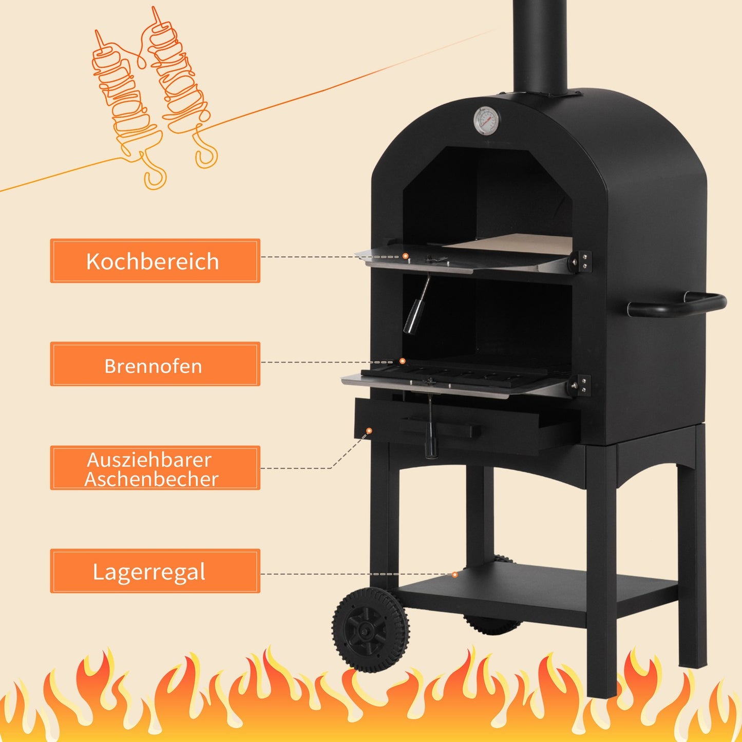 Outdoor pizza oven on wheels - wood fired, 3 tier