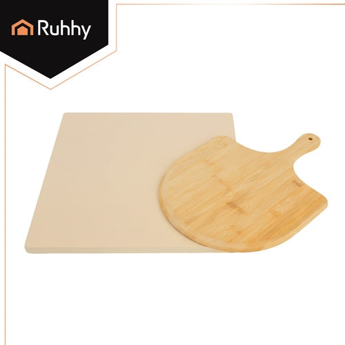 Pizza Stone 38x36 cm with Bamboo Spatula, Cordierite