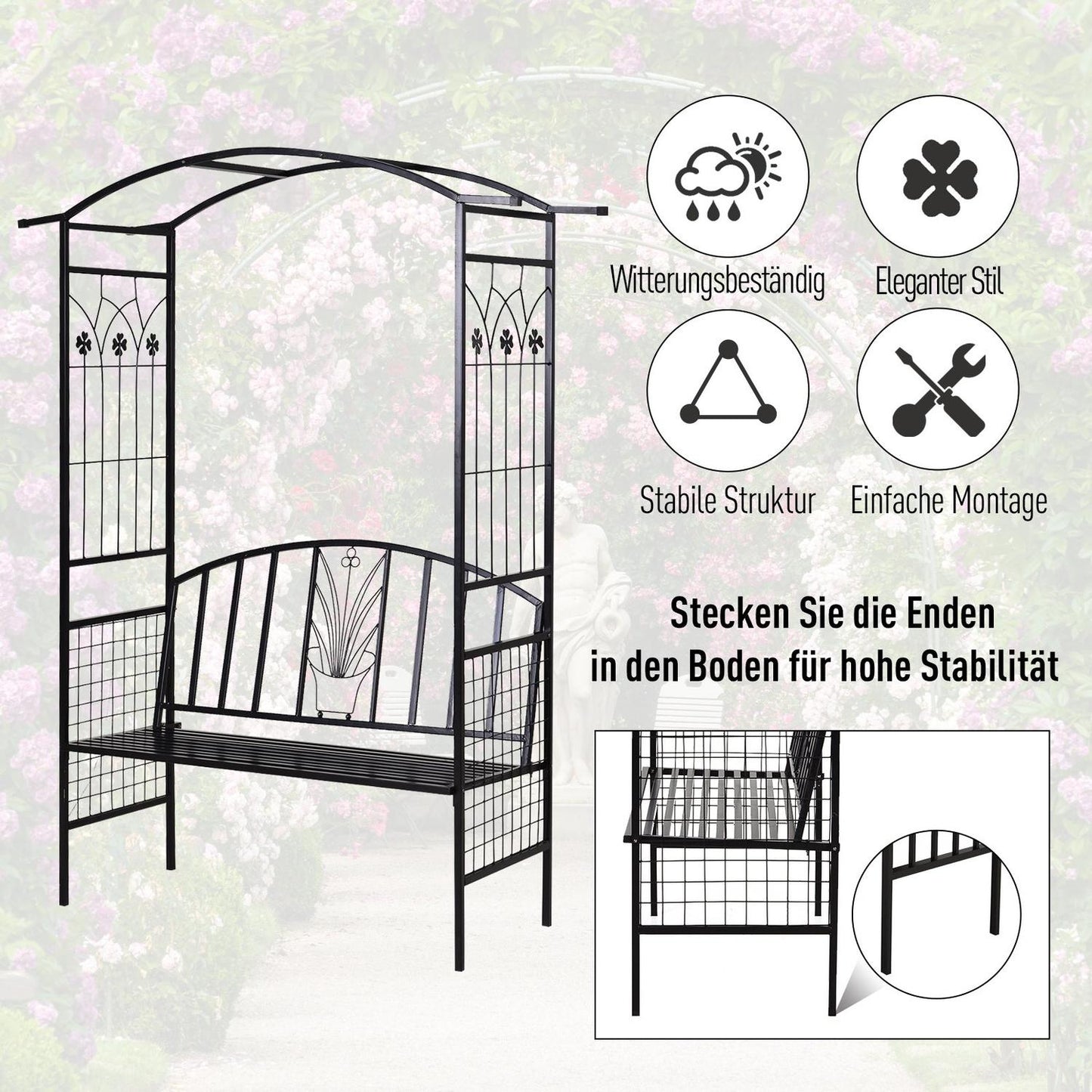 Black Metal Garden Arch with bench - 154 x 60 x 205 cm