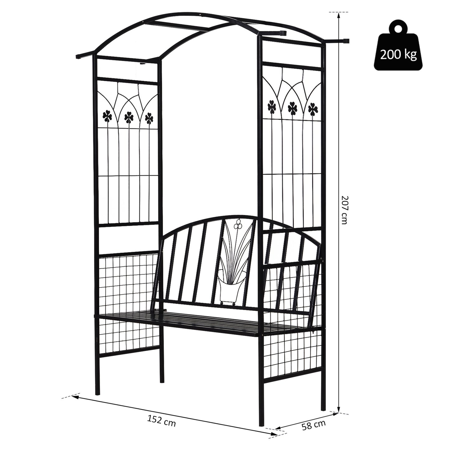 Black Metal Garden Arch with bench - 154 x 60 x 205 cm