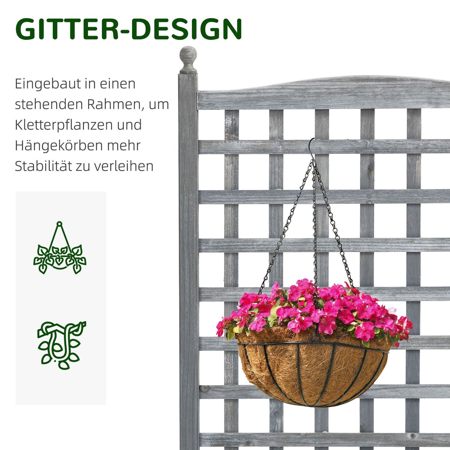 Wooden planter box with trellis, light grey, 64x28x120cm