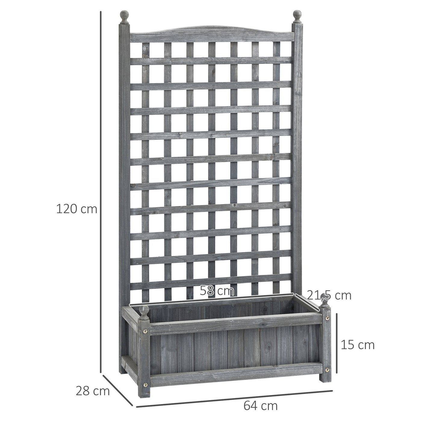 Wooden planter box with trellis, light grey, 64x28x120cm