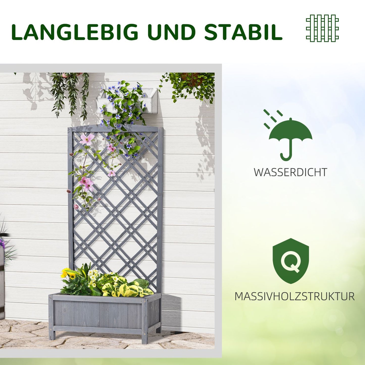 Wooden planter box with trellis, light grey, 64x28x120cm