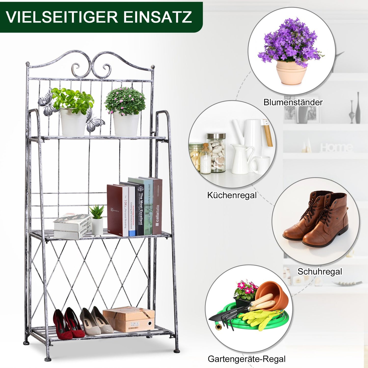 Metal plant stand in 3 tiers - Flower stand for garden, Silver grey