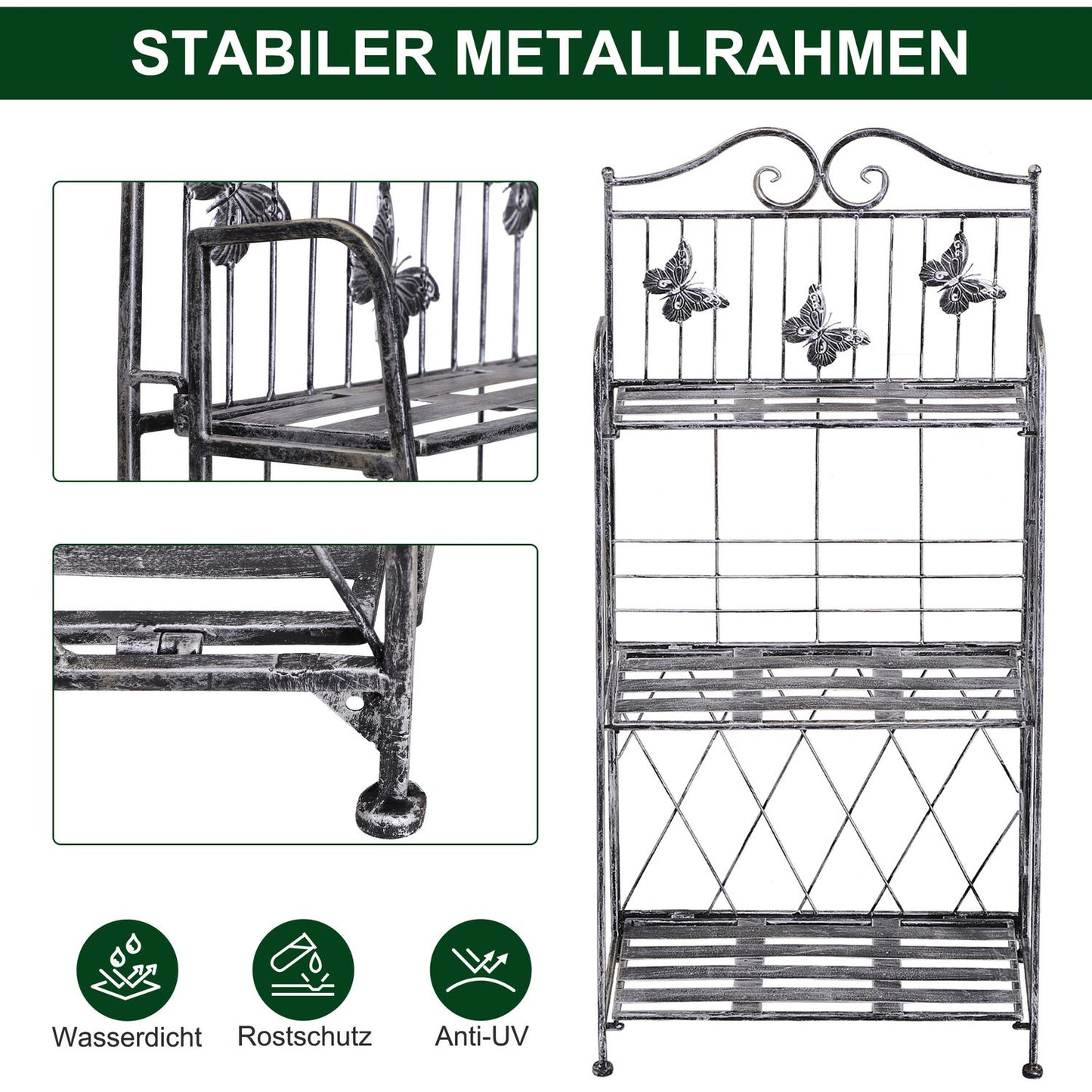 Metal plant stand in 3 tiers - Flower stand for garden, Silver grey