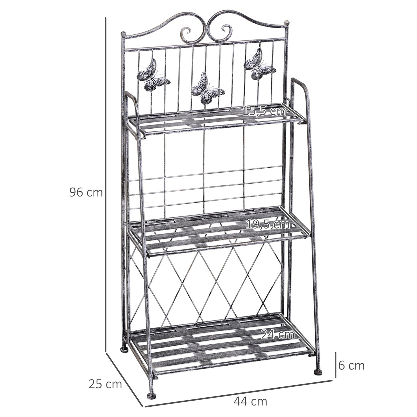 Metal plant stand in 3 tiers - Flower stand for garden, Silver grey