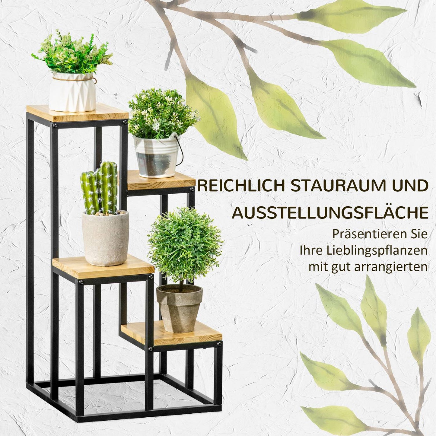 Wooden plant stand, 4-level shelf for garden and balcony, 34x34x66cm