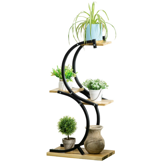 S-shaped plant shelf with four levels, metal frame, solid wood