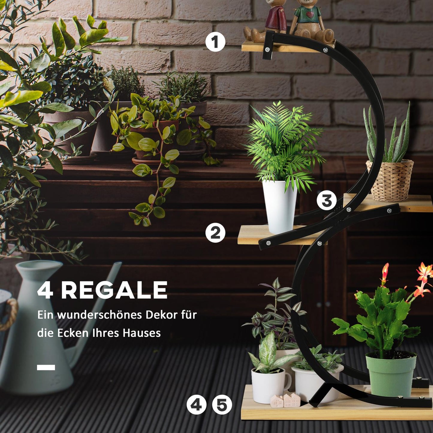 S-shaped plant shelf with four levels, metal frame, solid wood