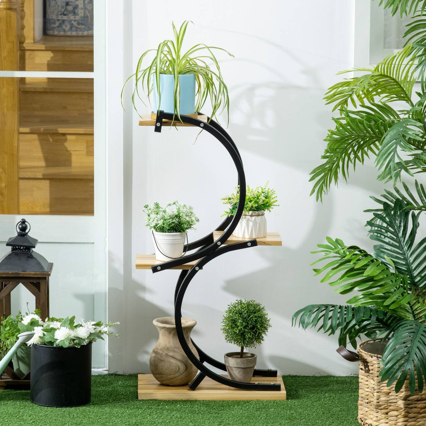 S-shaped plant shelf with four levels, metal frame, solid wood