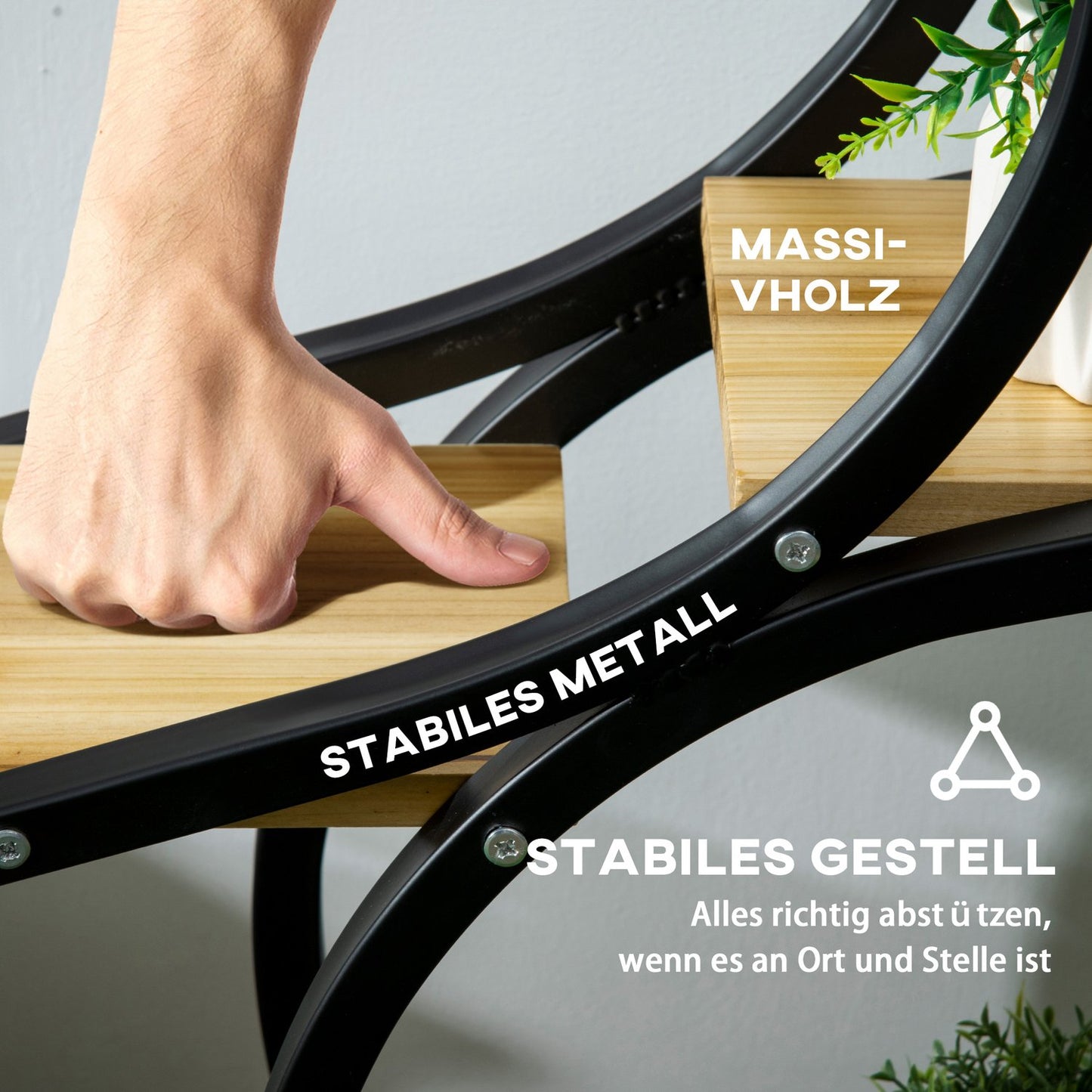 S-shaped plant shelf with four levels, metal frame, solid wood