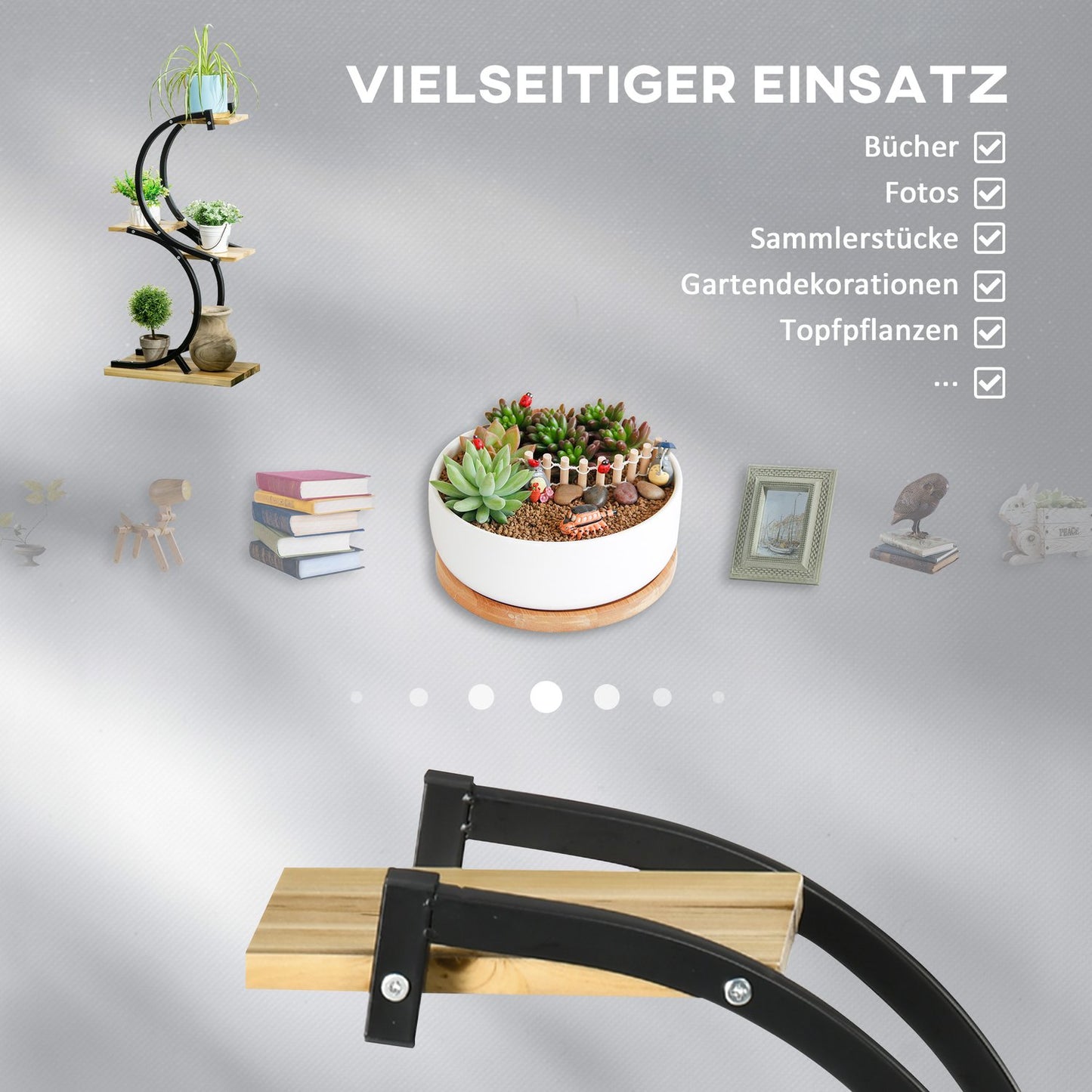 S-shaped plant shelf with four levels, metal frame, solid wood