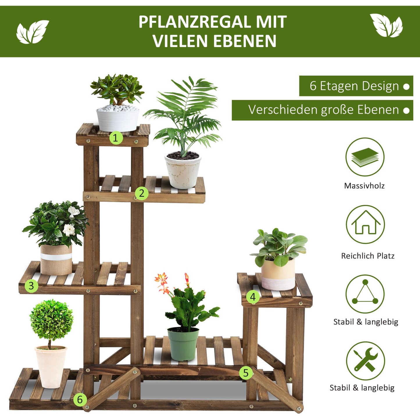 Plant shelf in solid wood - 6-tier flower stand for garden