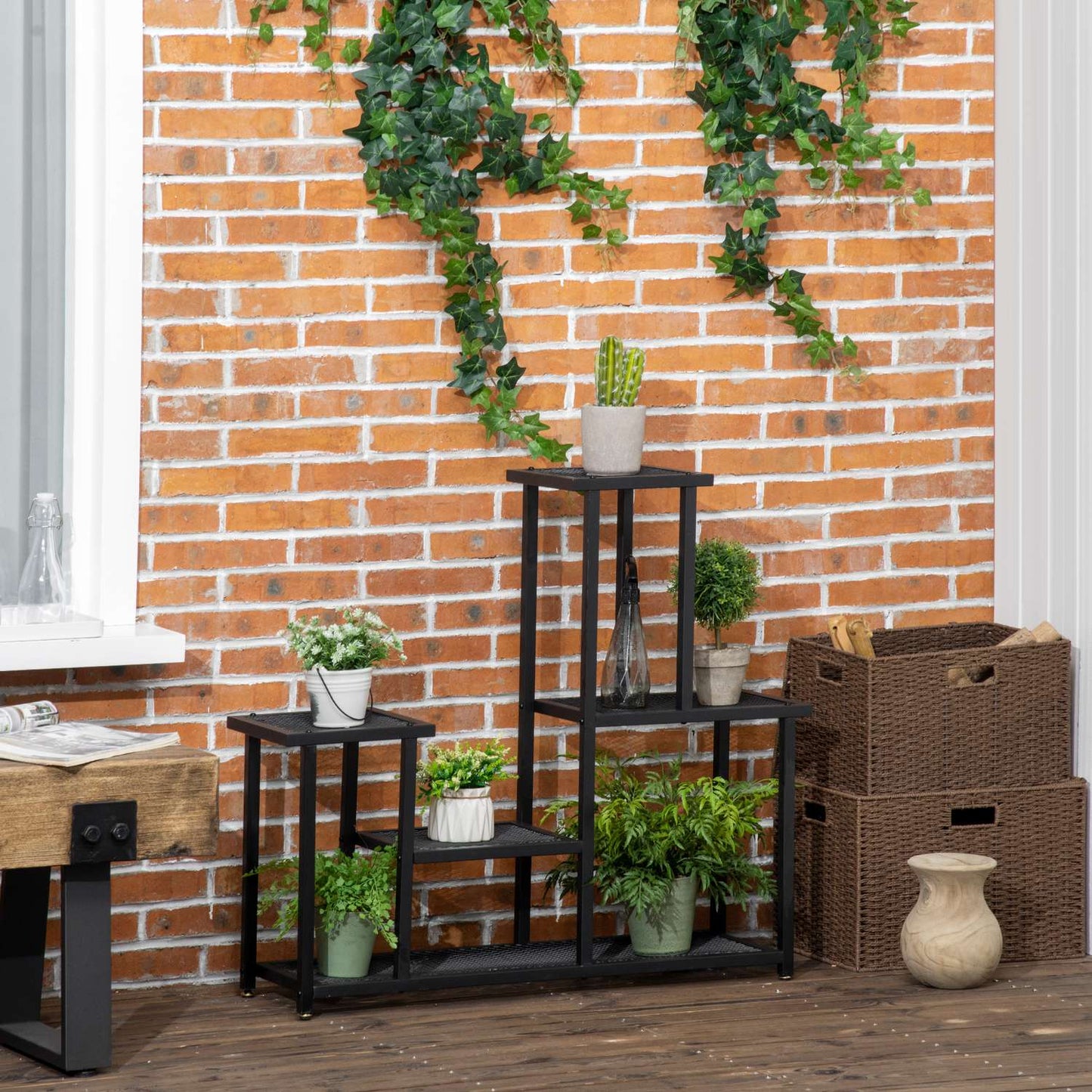 Black Metal Plant Shelf - 4 tiers, 91x25x83 cm