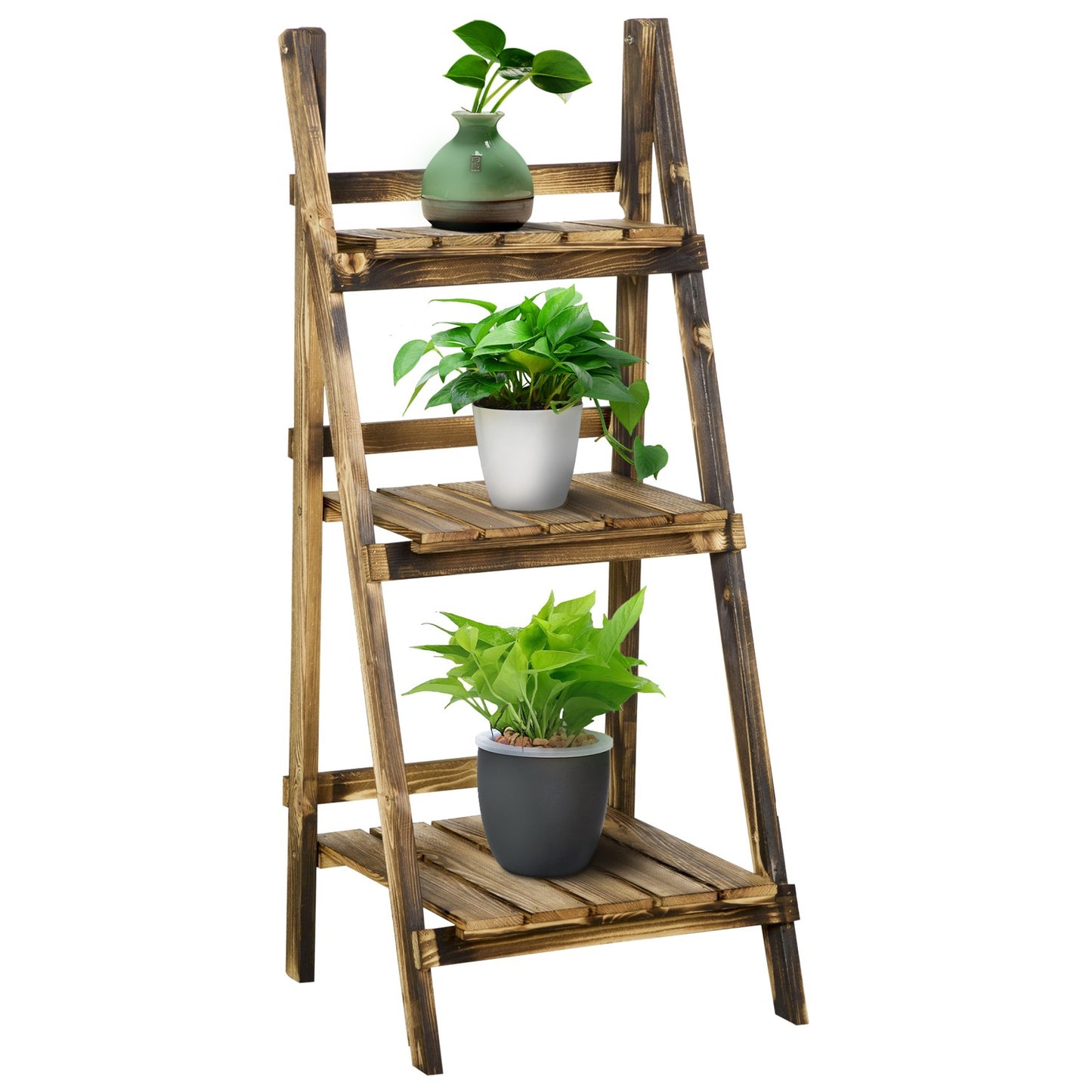 Plant shelf in 3-tier spruce wood, dark brown - 40 x 37 x 93 cm