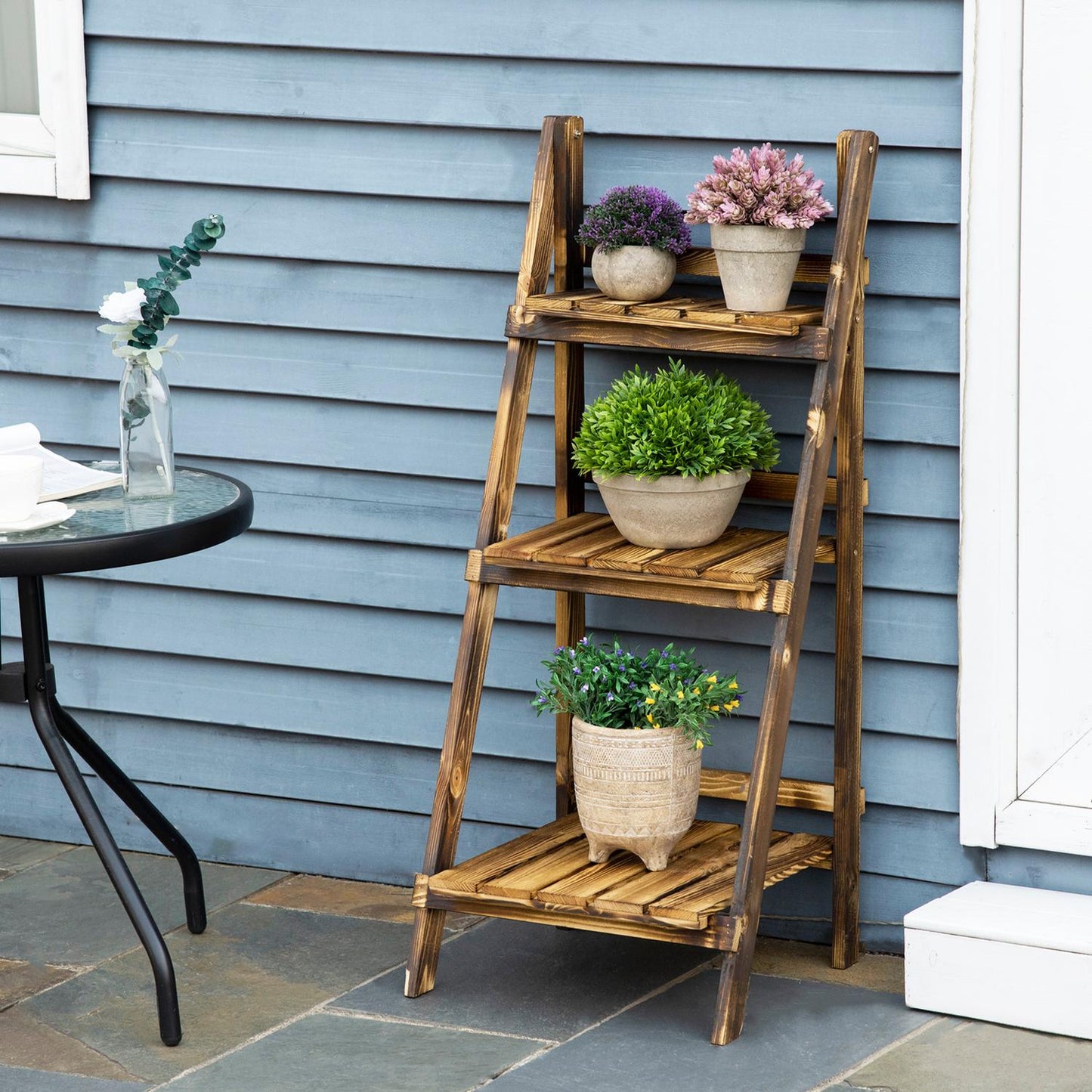 Plant shelf in 3-tier spruce wood, dark brown - 40 x 37 x 93 cm