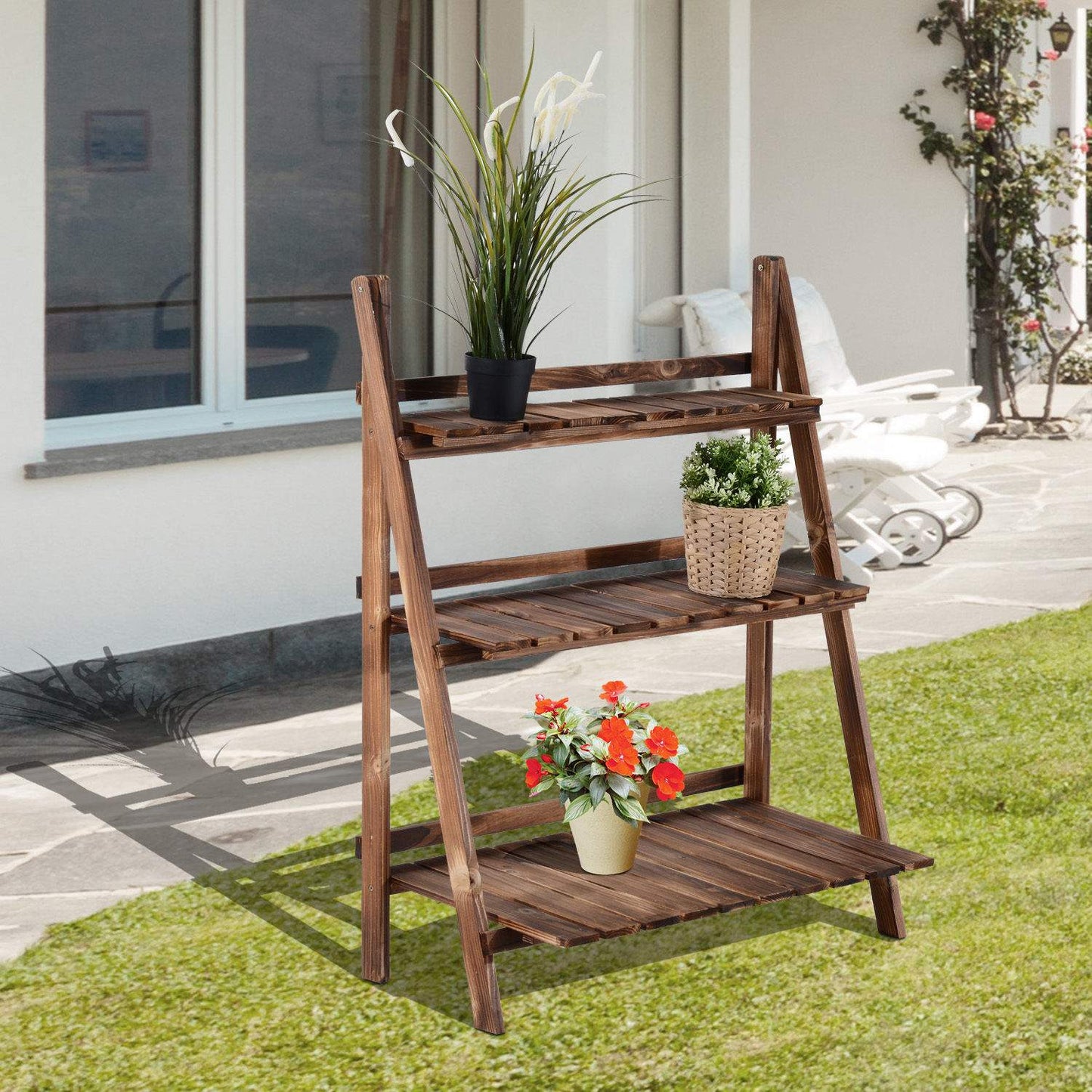 3-Step Spruce Wood Plant Stand, Dark Brown, 80x37x93 cm