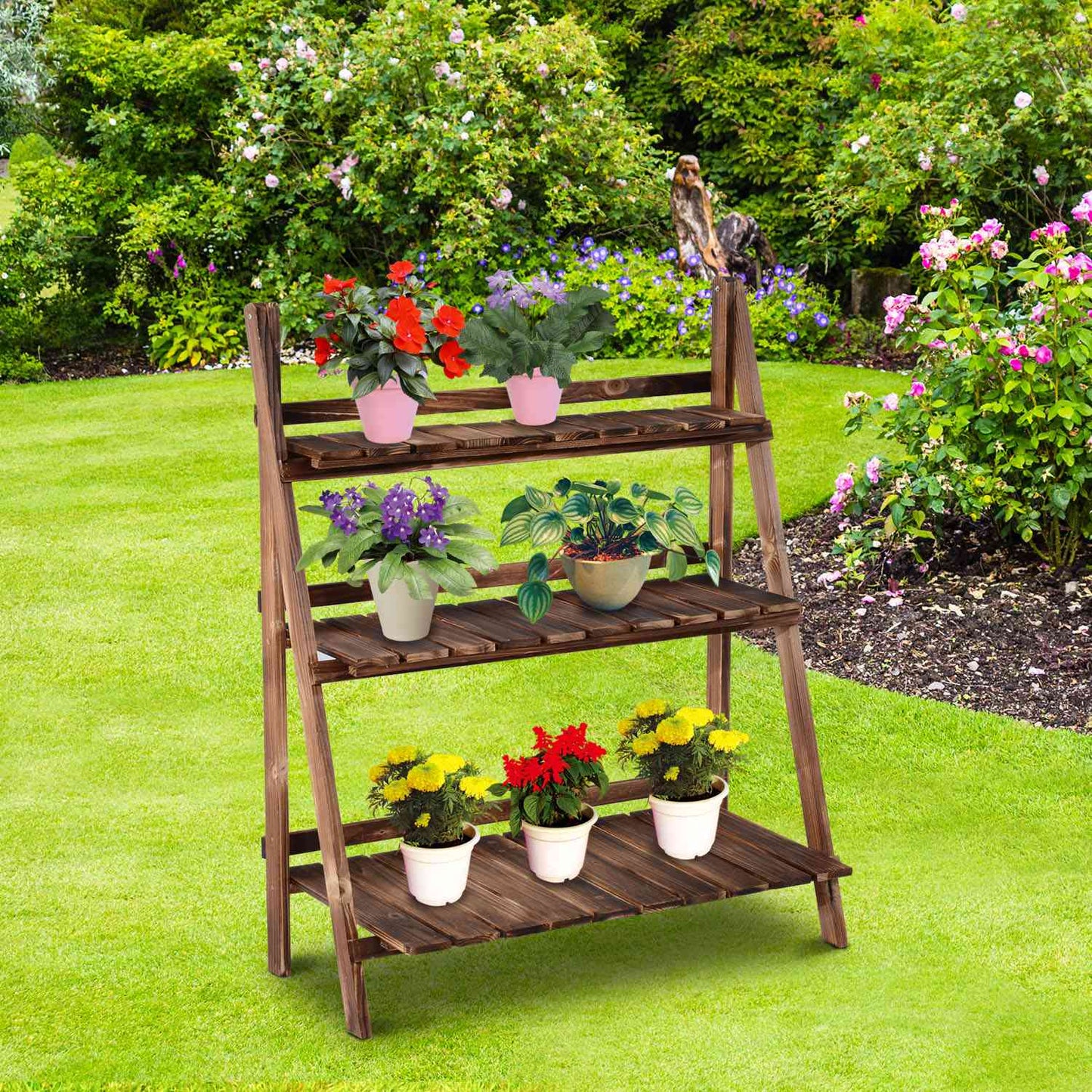 3-Step Spruce Wood Plant Stand, Dark Brown, 80x37x93 cm
