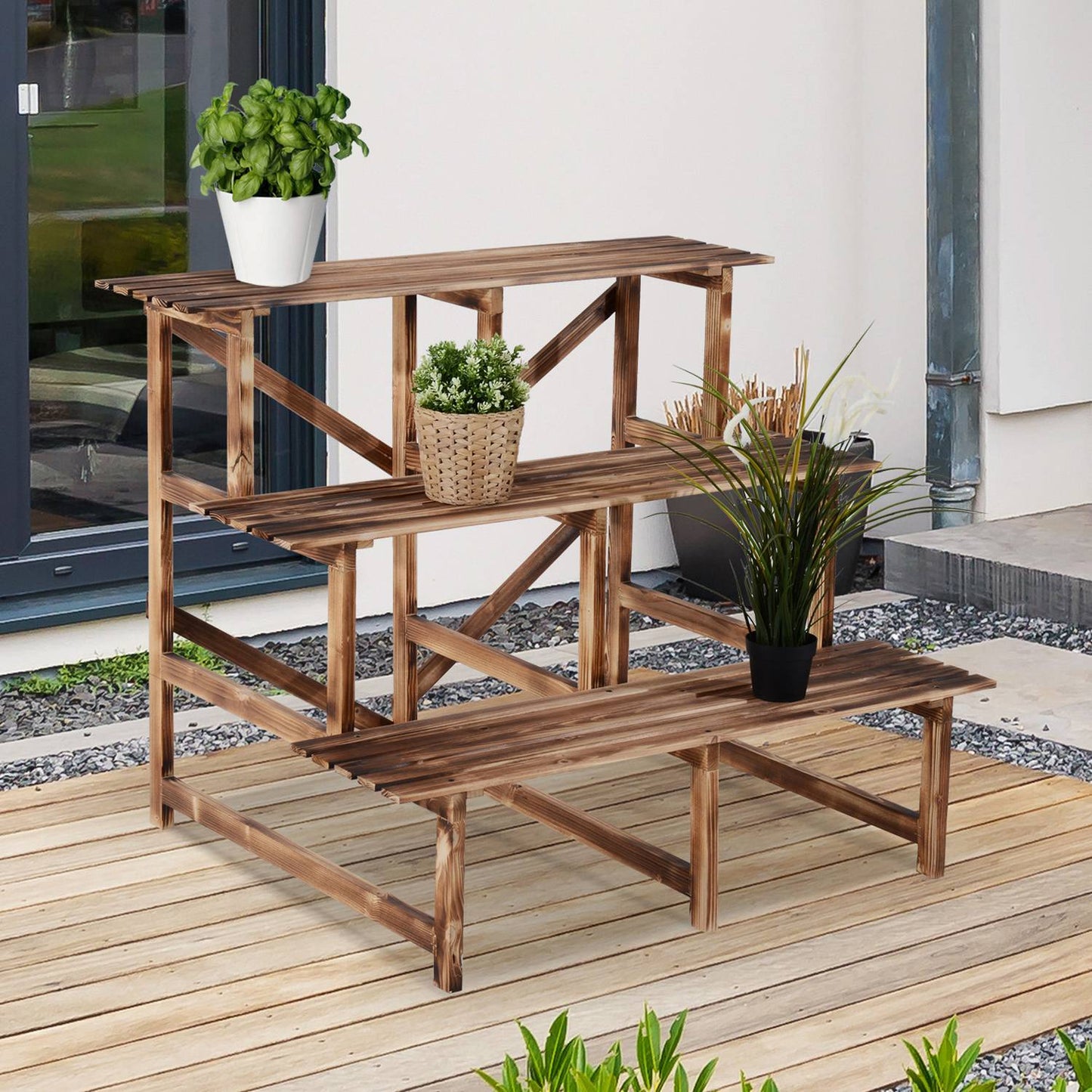 3-step spruce wood plant shelf for garden and balcony