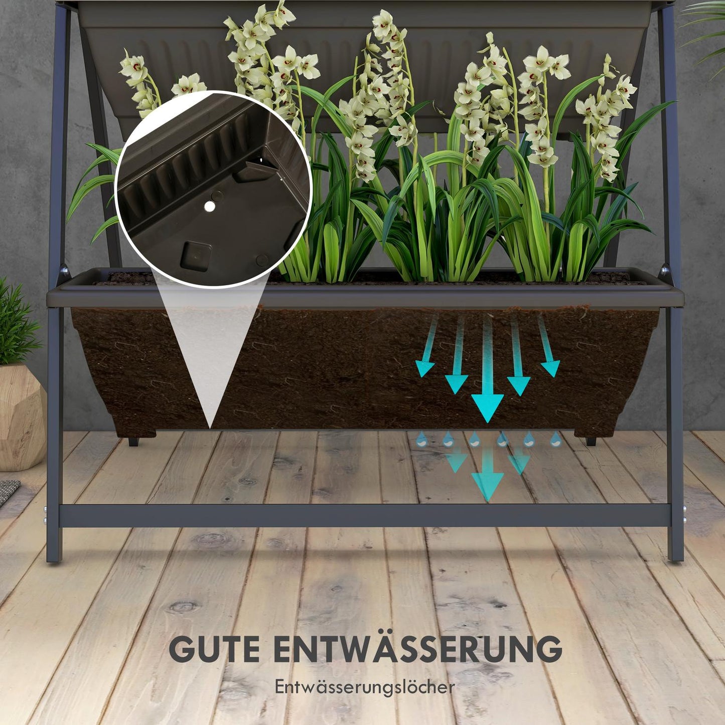Plant stand in steel in 4 levels, brown, with holes for the garden