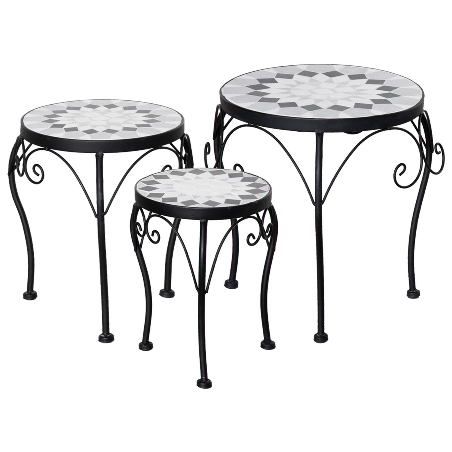 Plant stand set of 3 with ceramic tiles, black and white