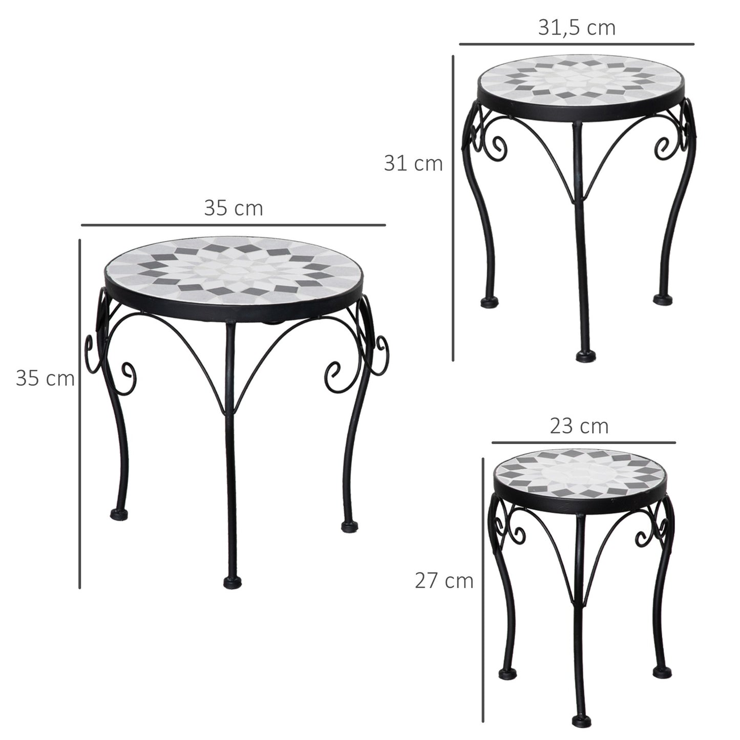 Plant stand set of 3 with ceramic tiles, black and white