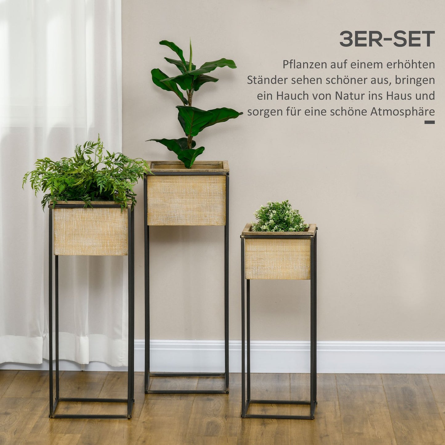 Square spruce wood plant stool set - metal legs, natural finish