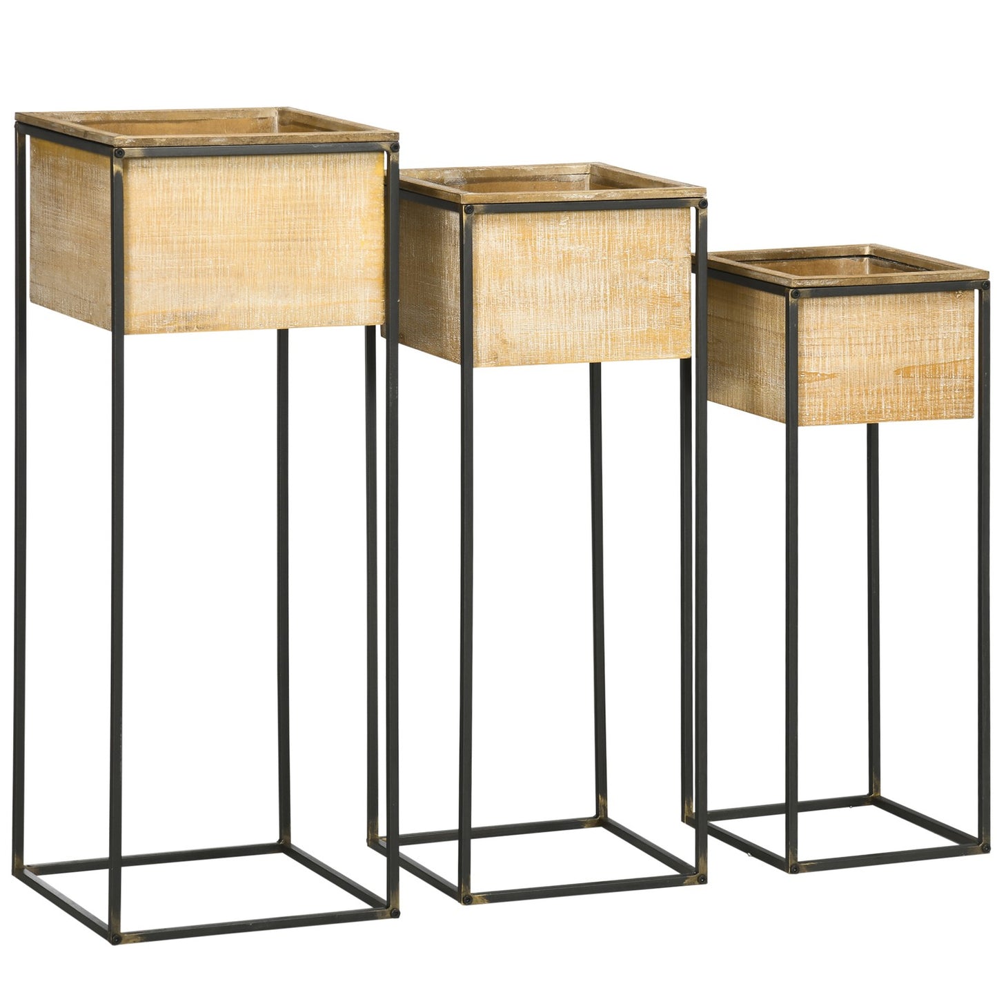 Square spruce wood plant stool set - metal legs, natural finish