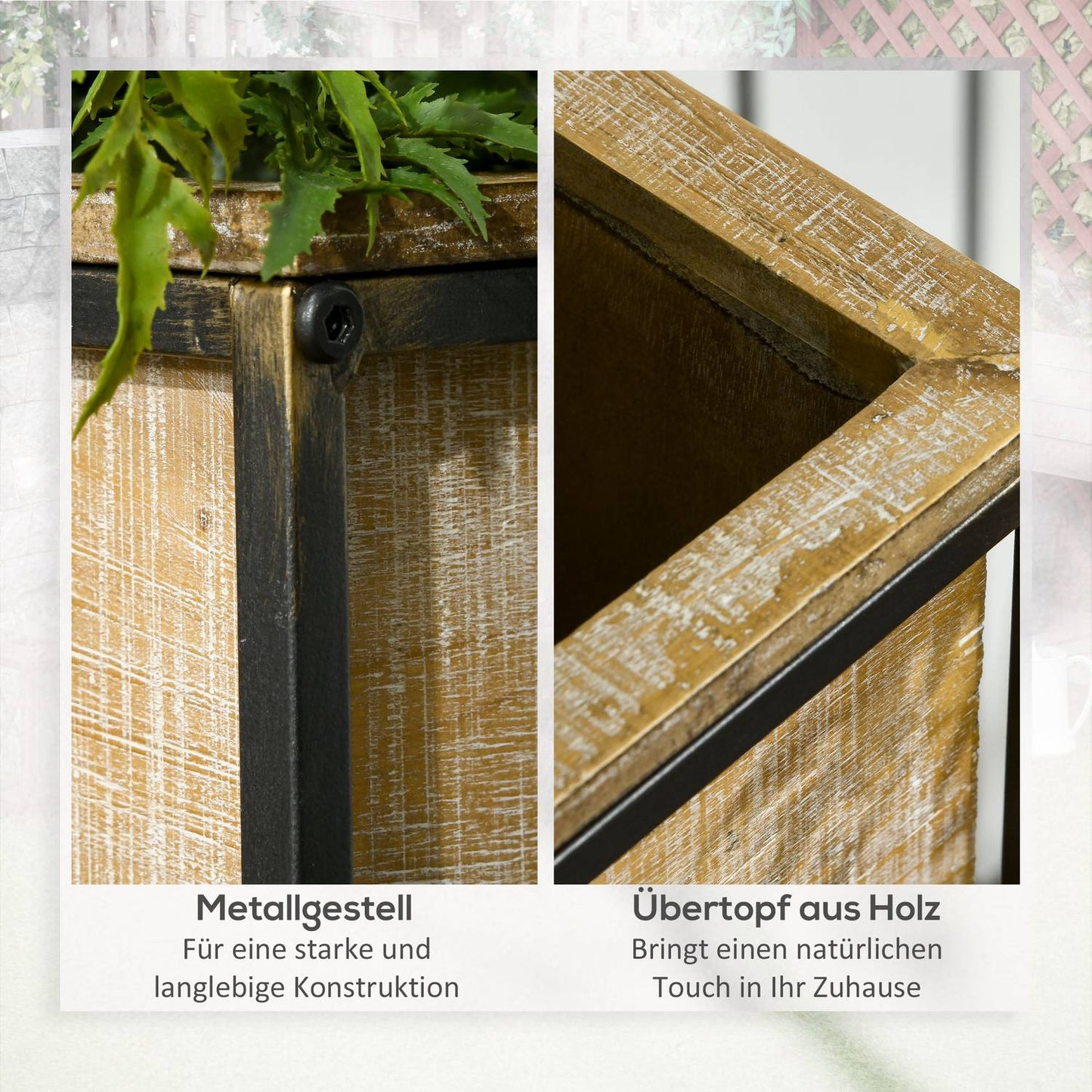 Square spruce wood plant stool set - metal legs, natural finish