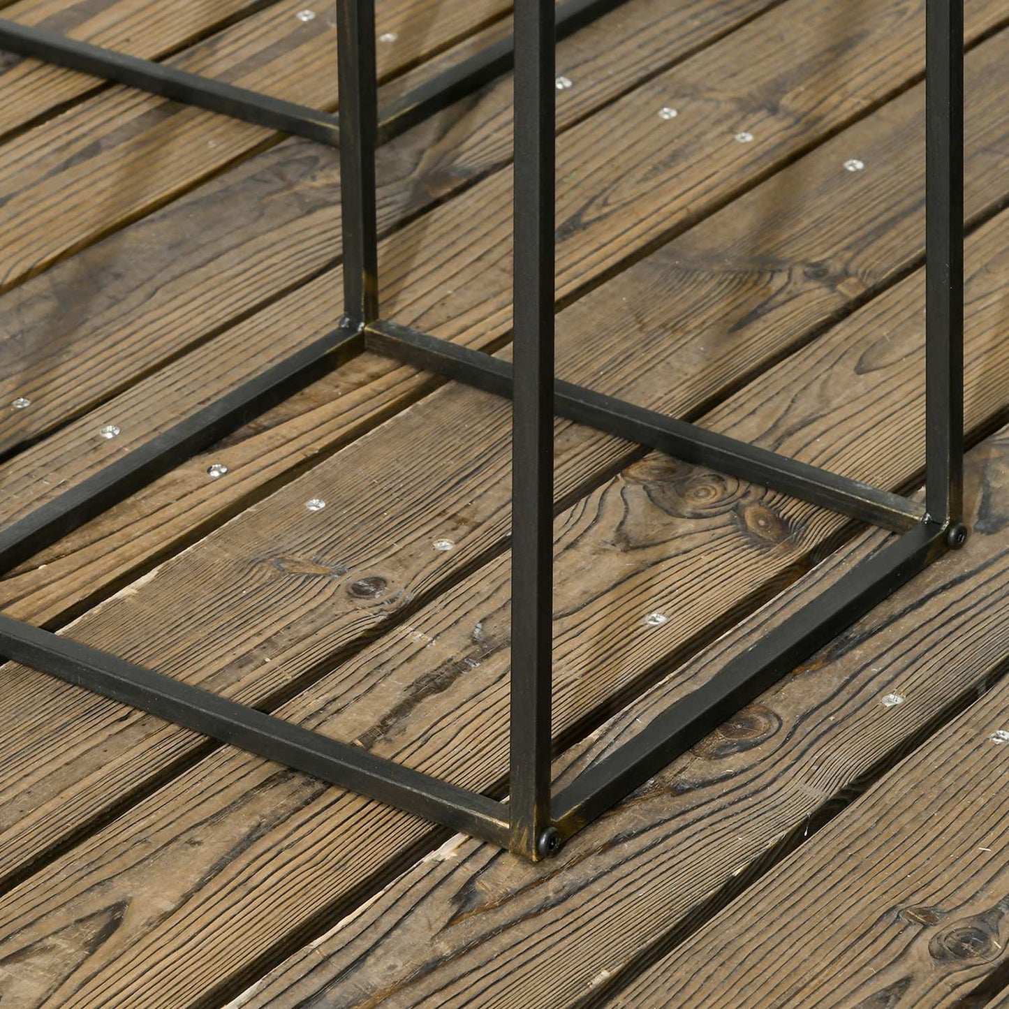 Square spruce wood plant stool set - metal legs, natural finish