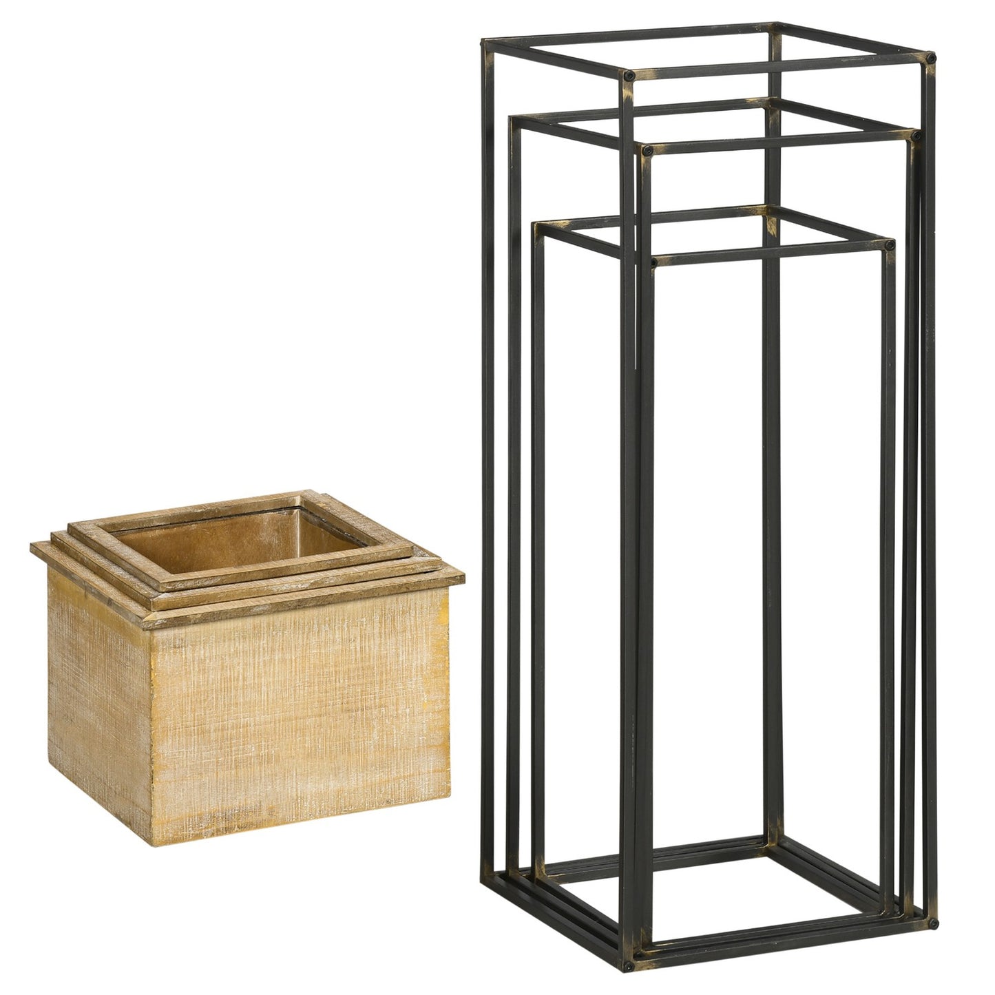 Square spruce wood plant stool set - metal legs, natural finish