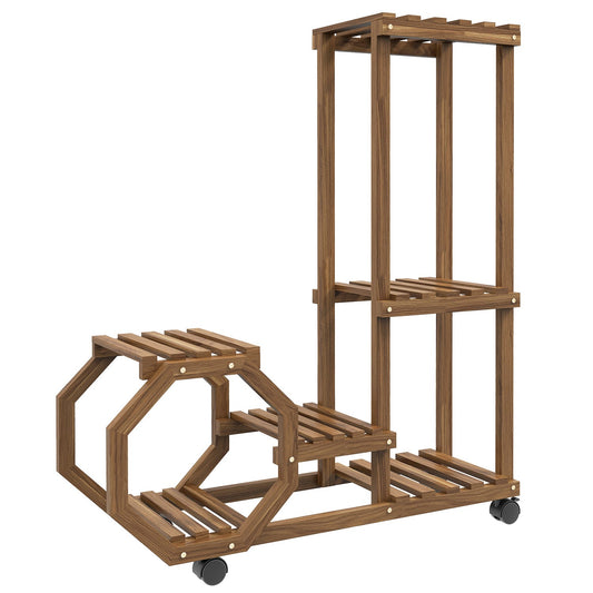 Wooden plant stand with wheels, 5 tiers, charred finish