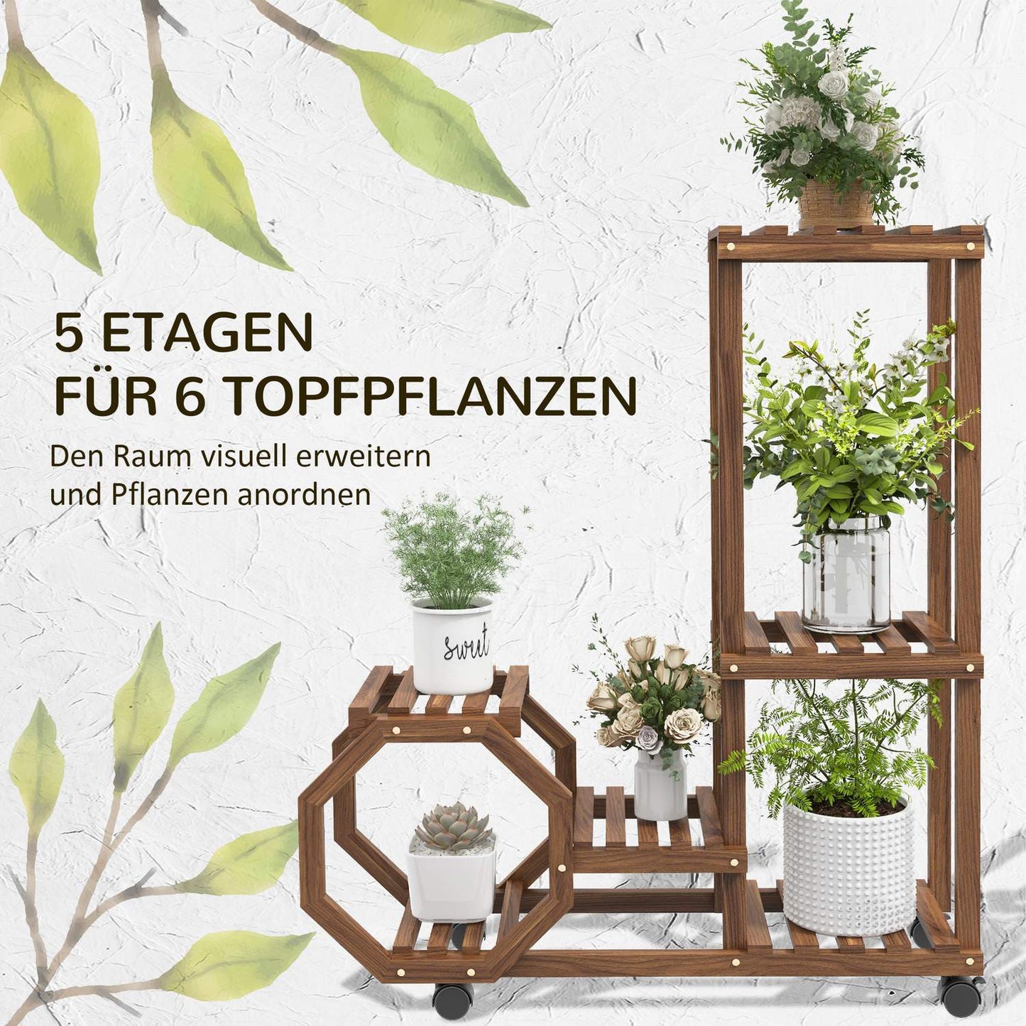 Wooden plant stand with wheels, 5 tiers, charred finish