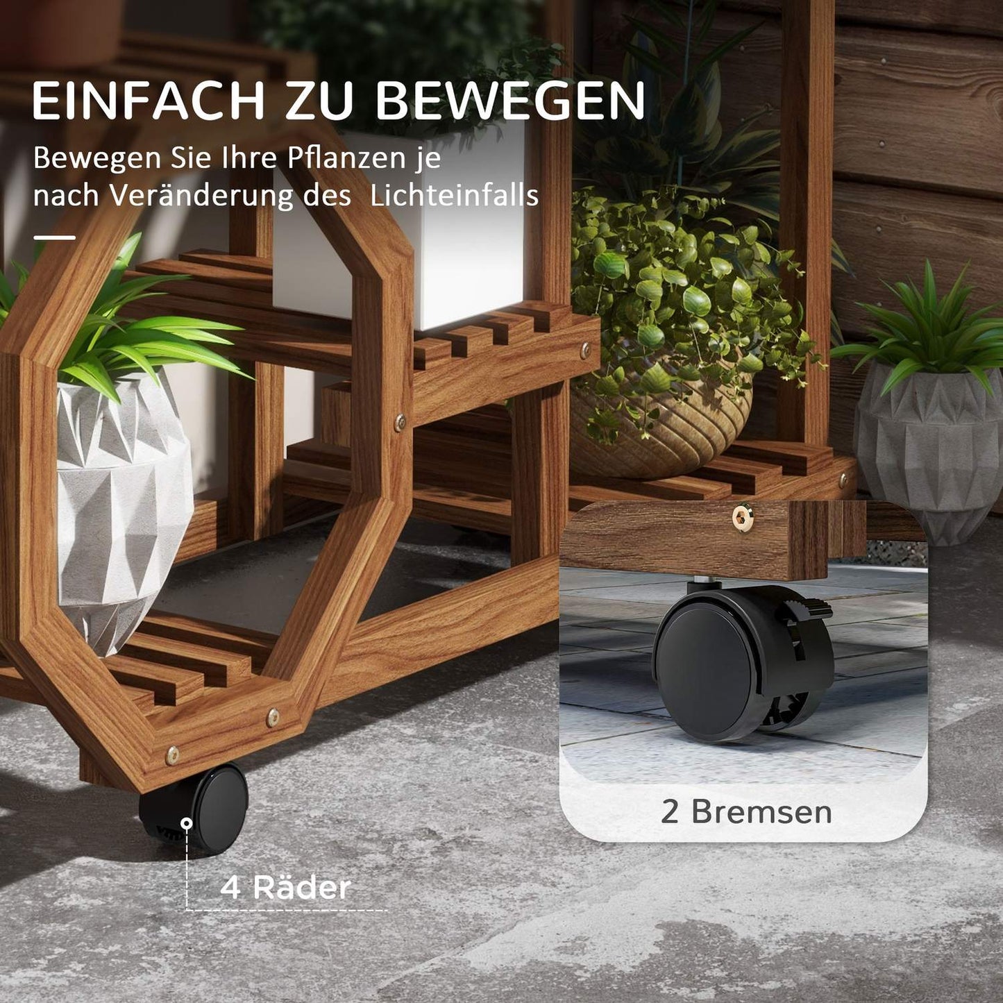 Wooden plant stand with wheels, 5 tiers, charred finish