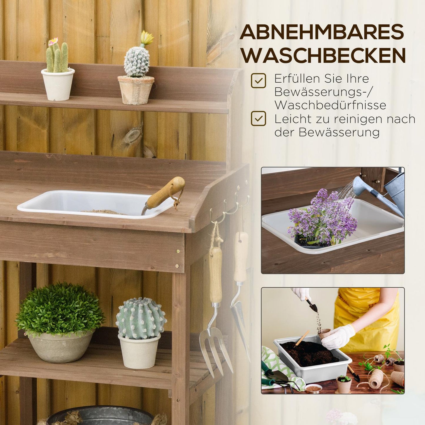 Wooden garden plant table with tub, brown - 117 x 45 x 121 cm