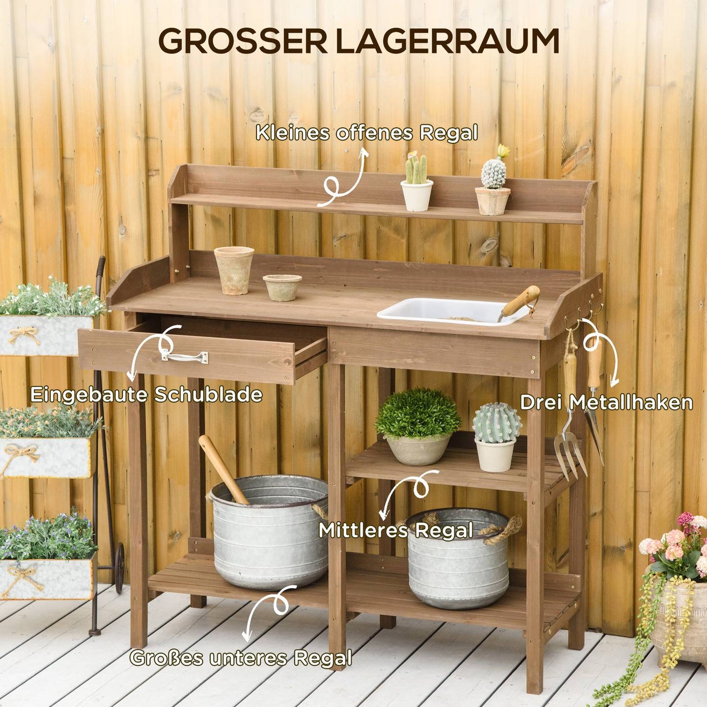 Wooden garden plant table with tub, brown - 117 x 45 x 121 cm