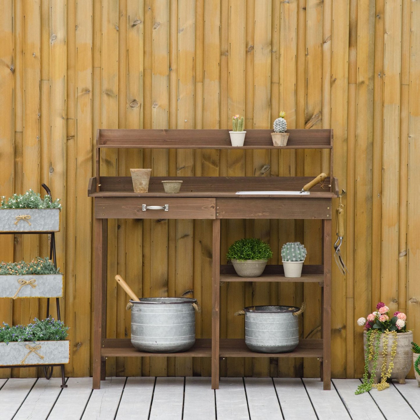 Wooden garden plant table with tub, brown - 117 x 45 x 121 cm