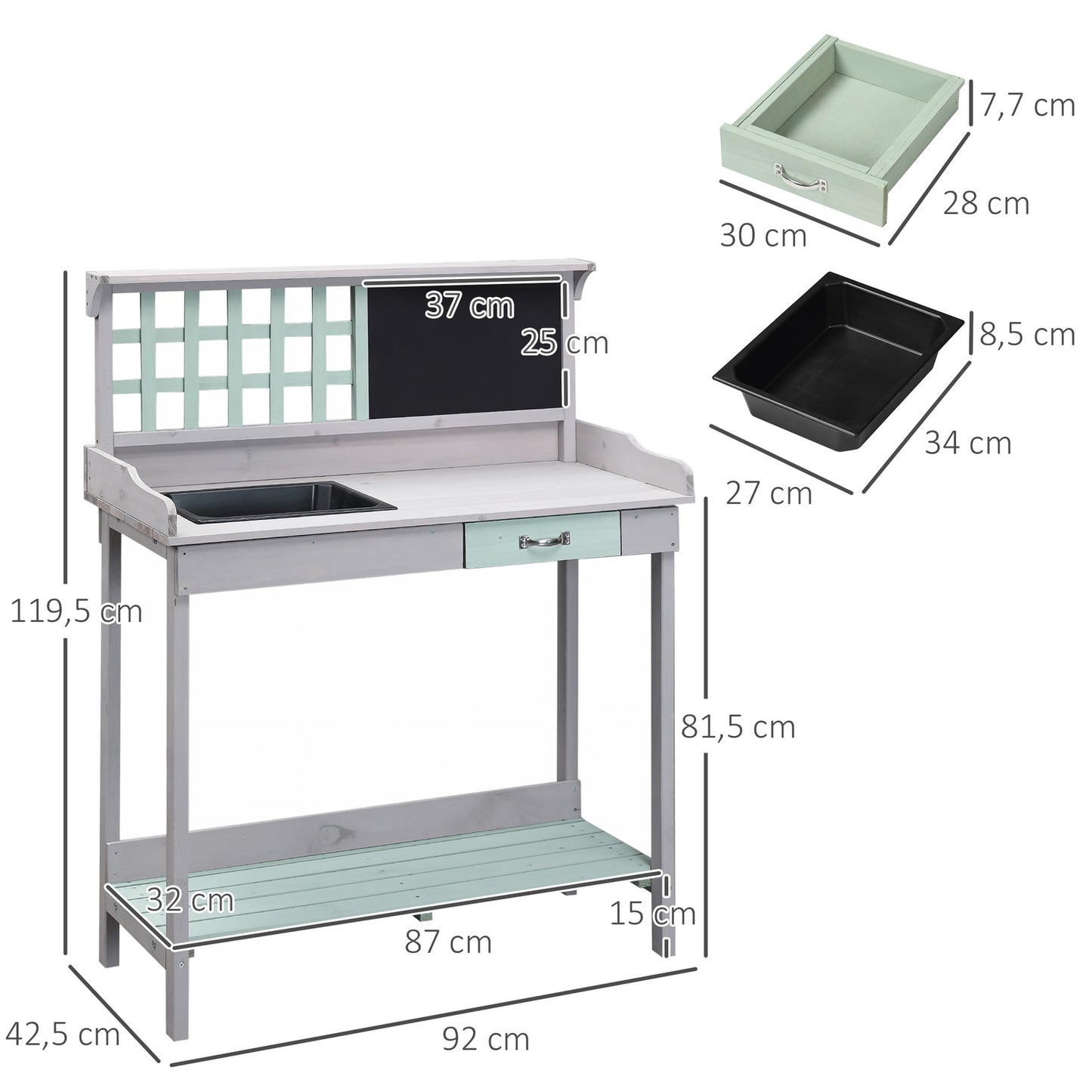 Garden table with drawer and tray, mint green spruce