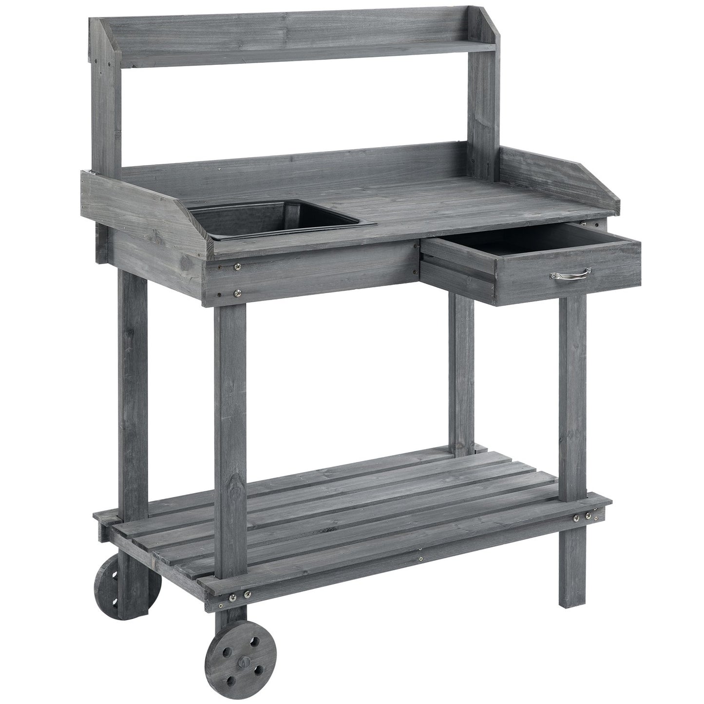 Outdoor planting table with sink & storage, gray spruce wood
