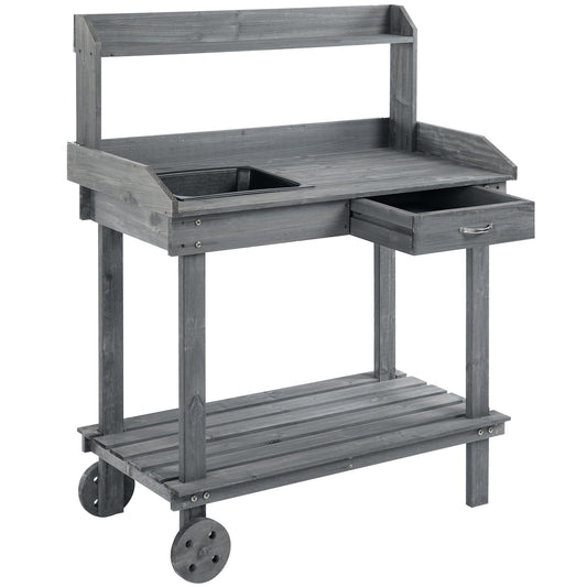 Outdoor planting table with sink & storage, gray spruce wood