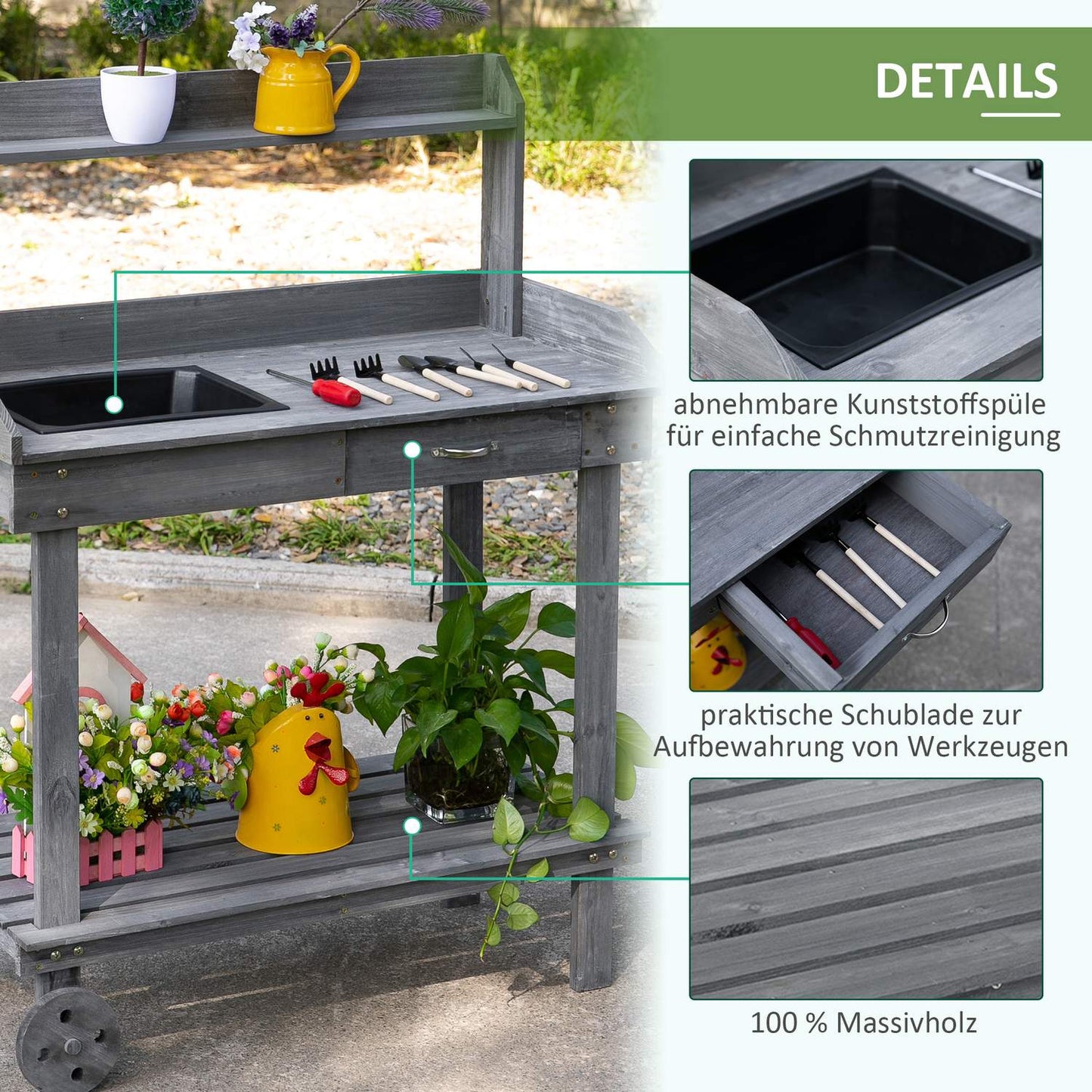 Outdoor planting table with sink & storage, gray spruce wood