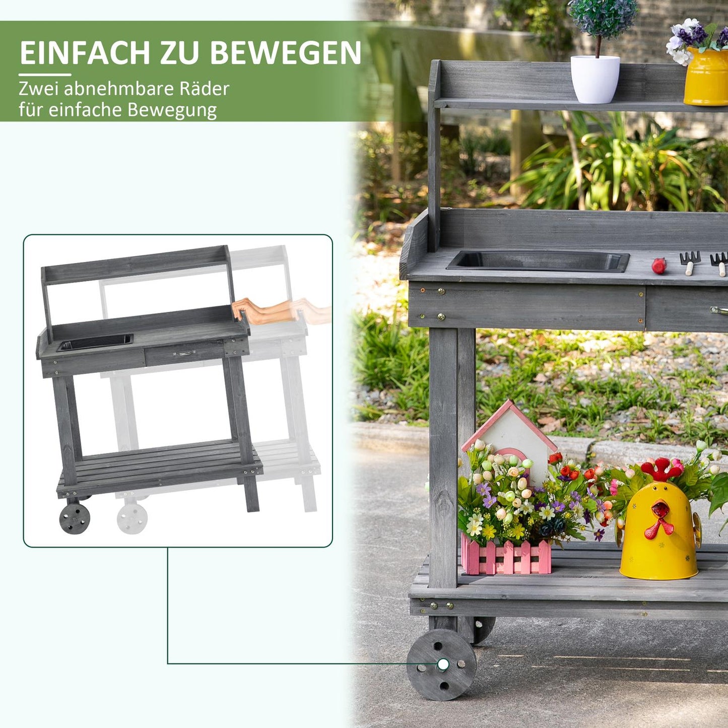 Outdoor planting table with sink & storage, gray spruce wood