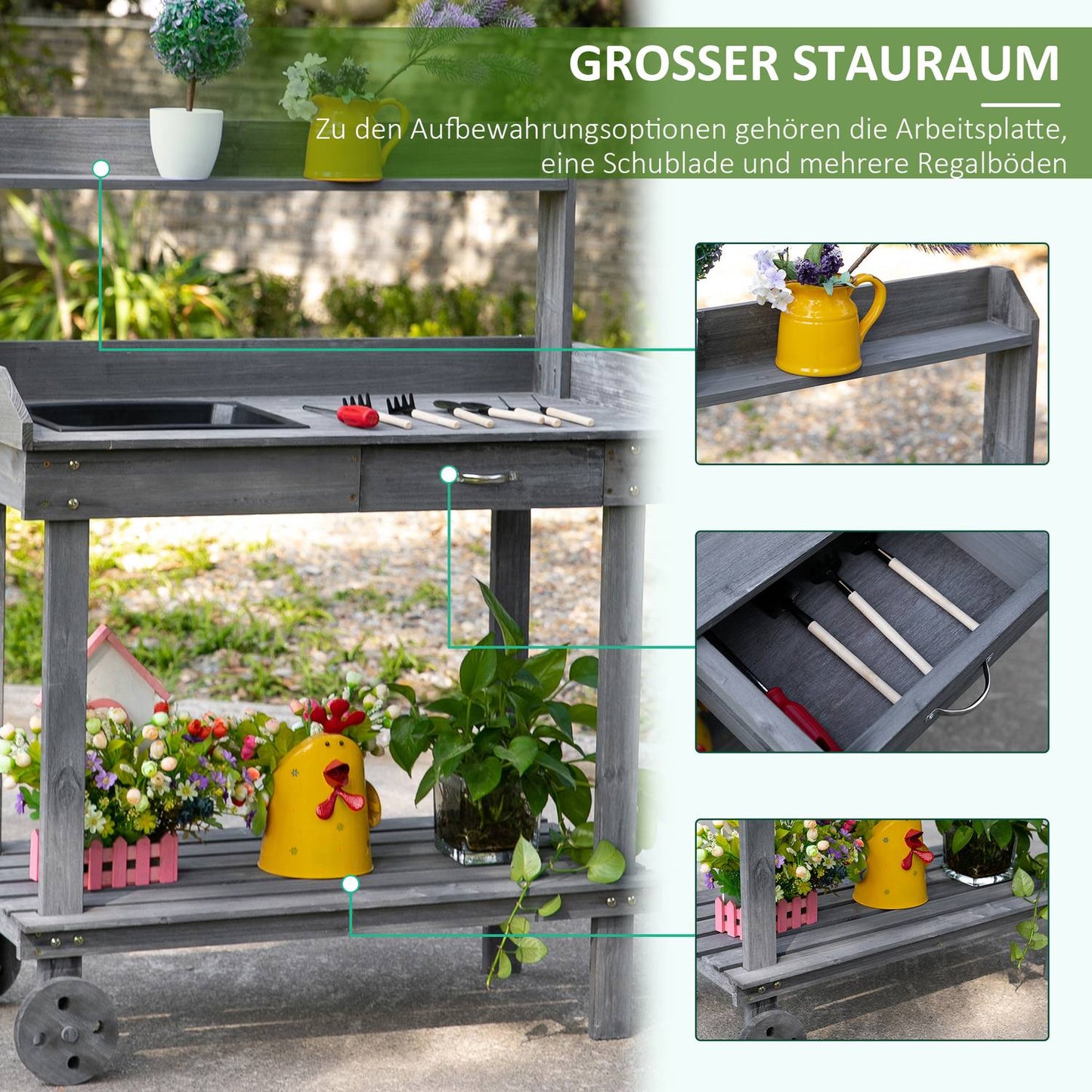 Outdoor planting table with sink & storage, gray spruce wood