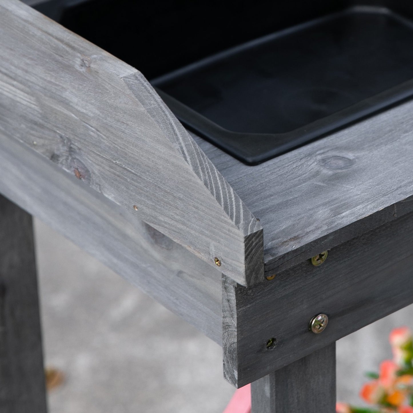 Outdoor planting table with sink & storage, gray spruce wood