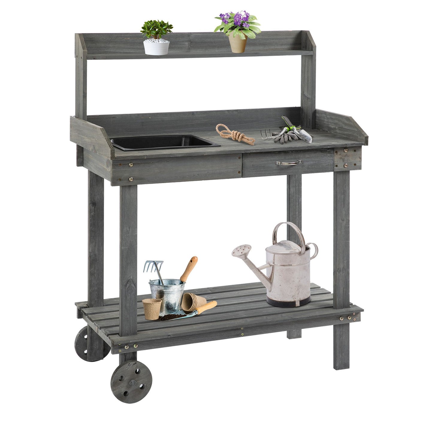 Outdoor planting table with sink & storage, gray spruce wood