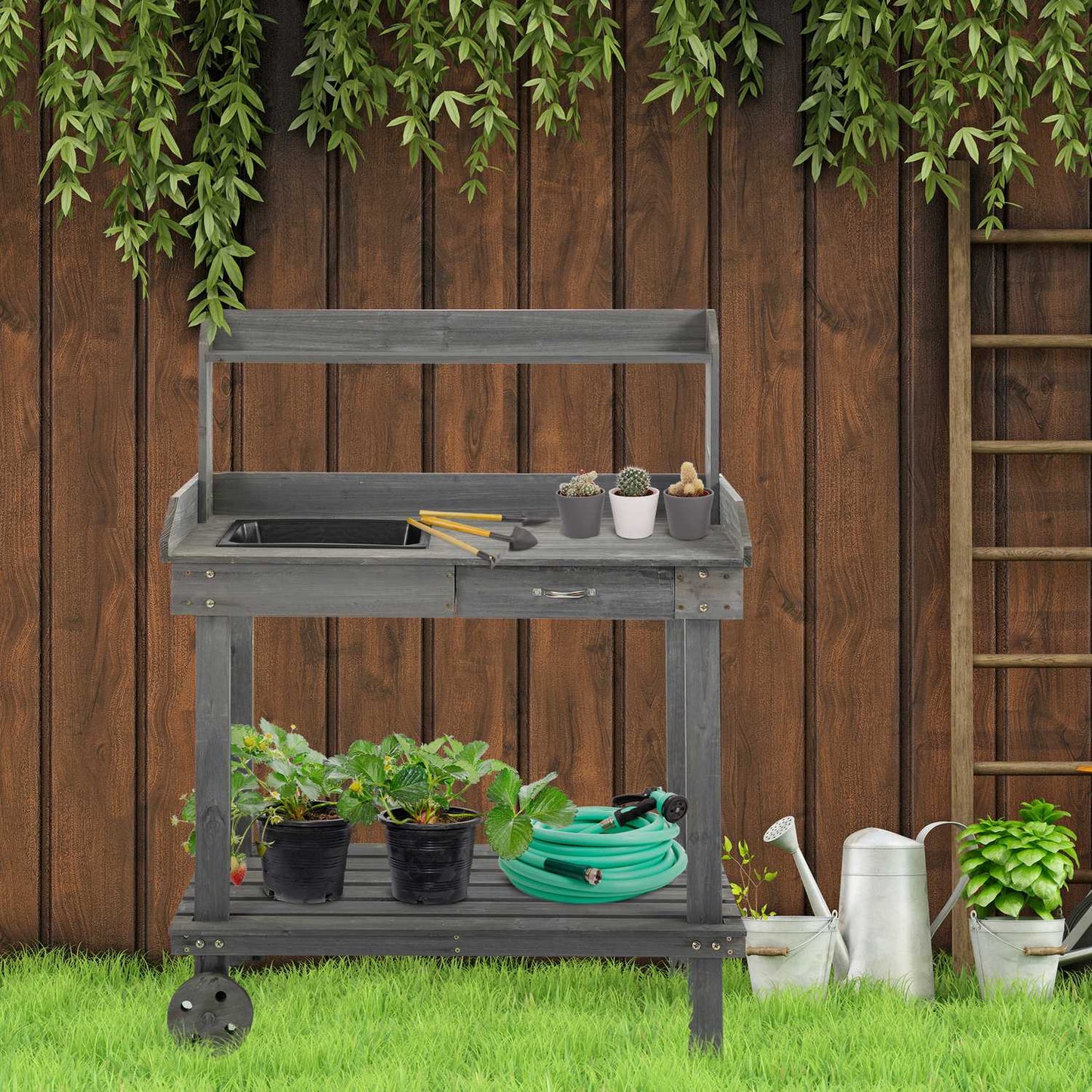 Outdoor planting table with sink & storage, gray spruce wood
