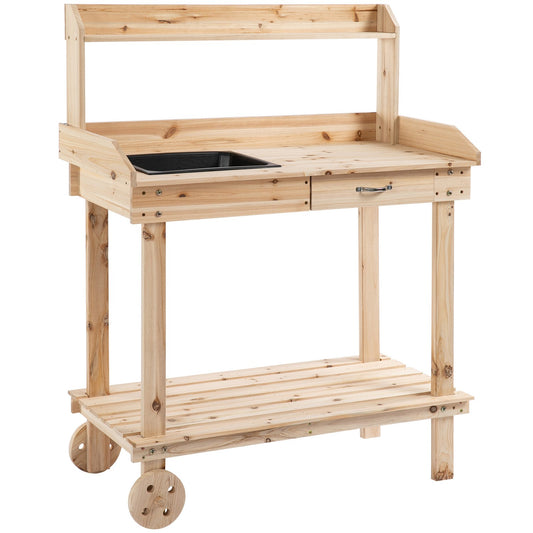 Wooden garden pot table with sink and wheels - 2-tier