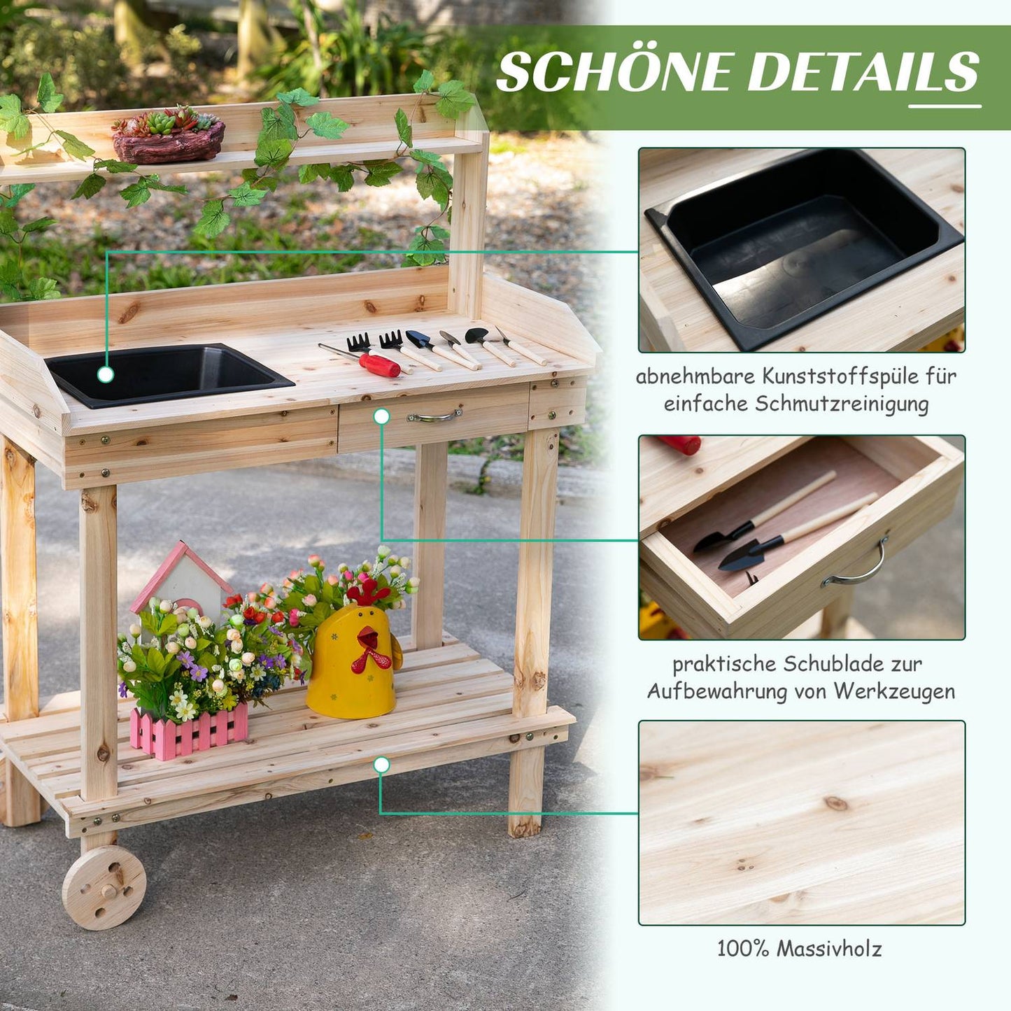 Wooden garden pot table with sink and wheels - 2-tier