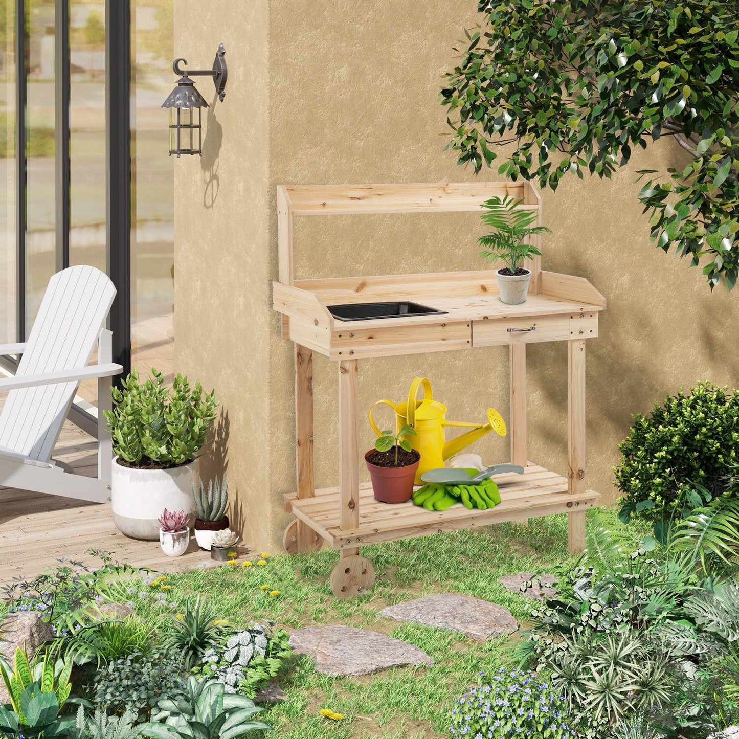 Wooden garden pot table with sink and wheels - 2-tier
