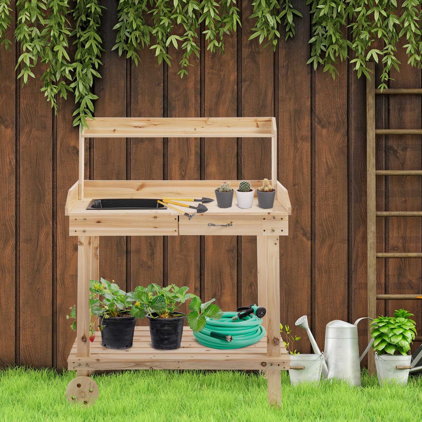 Wooden garden pot table with sink and wheels - 2-tier